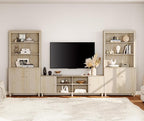 WAMPAT Modern TV Stand and Bookcase Set, Mid-Century Entertainment Center with Bookshelves and Cabinets for 75" TVs, Wood Media TV Console w/Adjustable Shelves for Living Room Bedroom, Light Oak