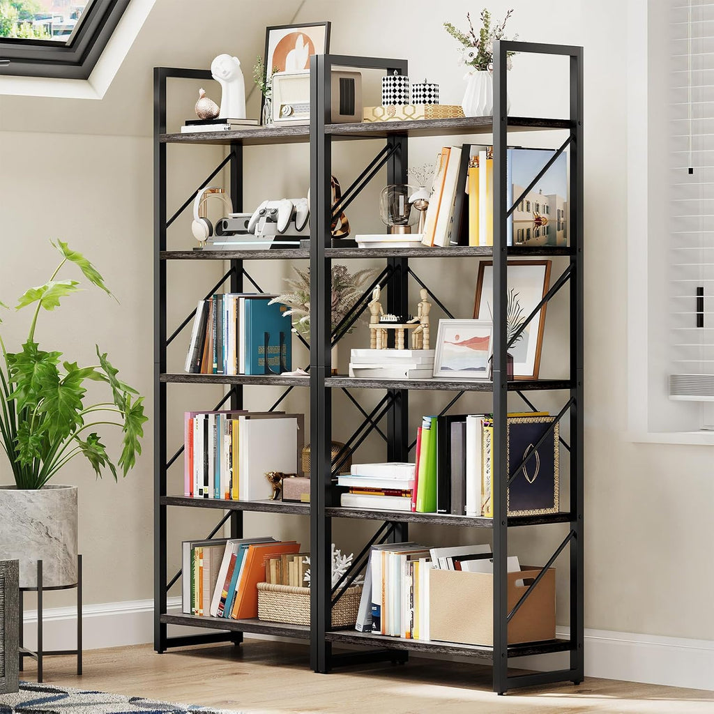 DWVO 5 Tier Bookshelf 2 Pack, Industrial Bookshelves Open Shelf Bookcase, Storage Shelves Organizer Display Rack for Bedroom, Living Room, Office,Kitchen, Charcoal Gray