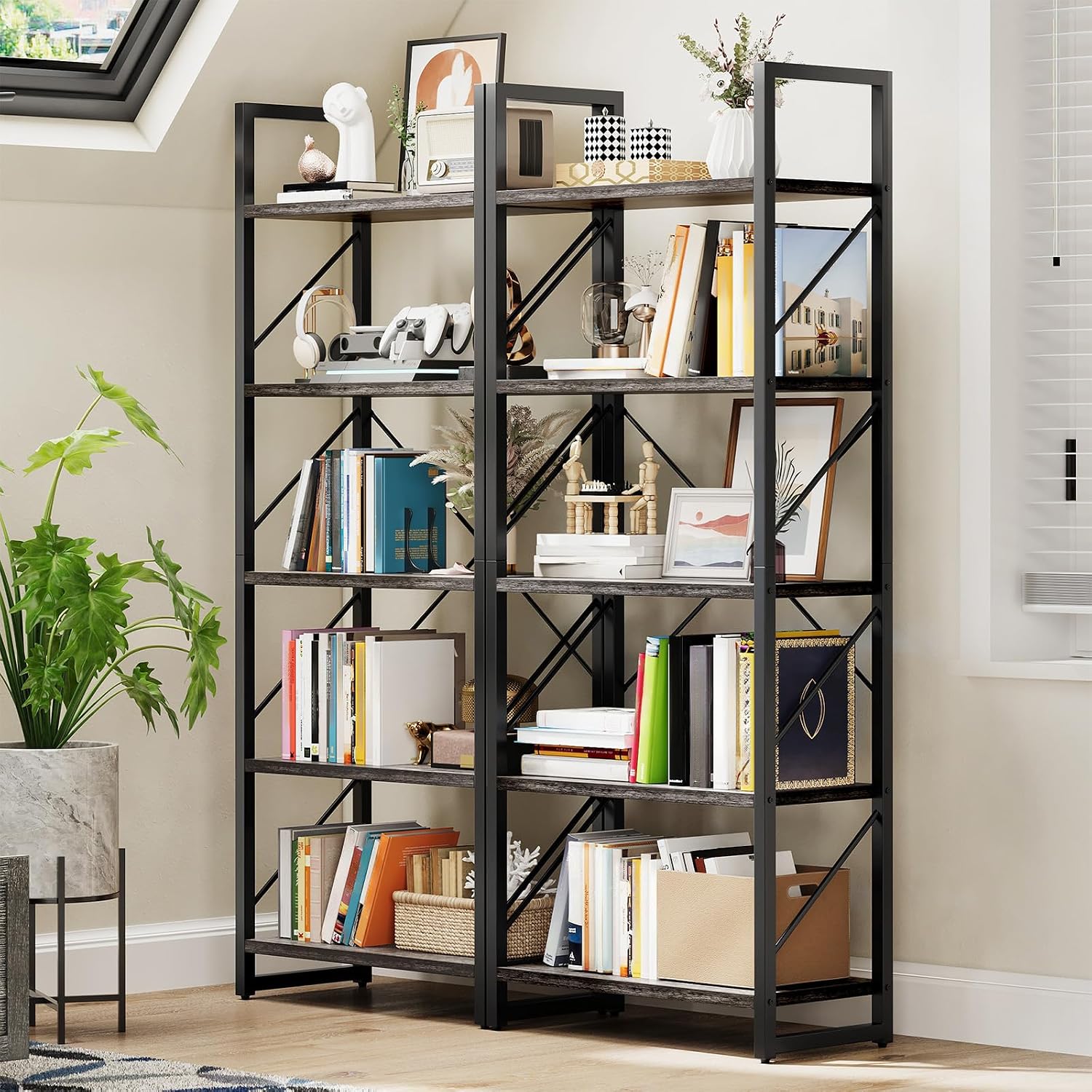 DWVO 5 Tier Bookshelf 2 Pack, Industrial Bookshelves Open Shelf Bookcase, Storage Shelves Organizer Display Rack for Bedroom, Living Room, Office,Kitchen, Charcoal Gray
