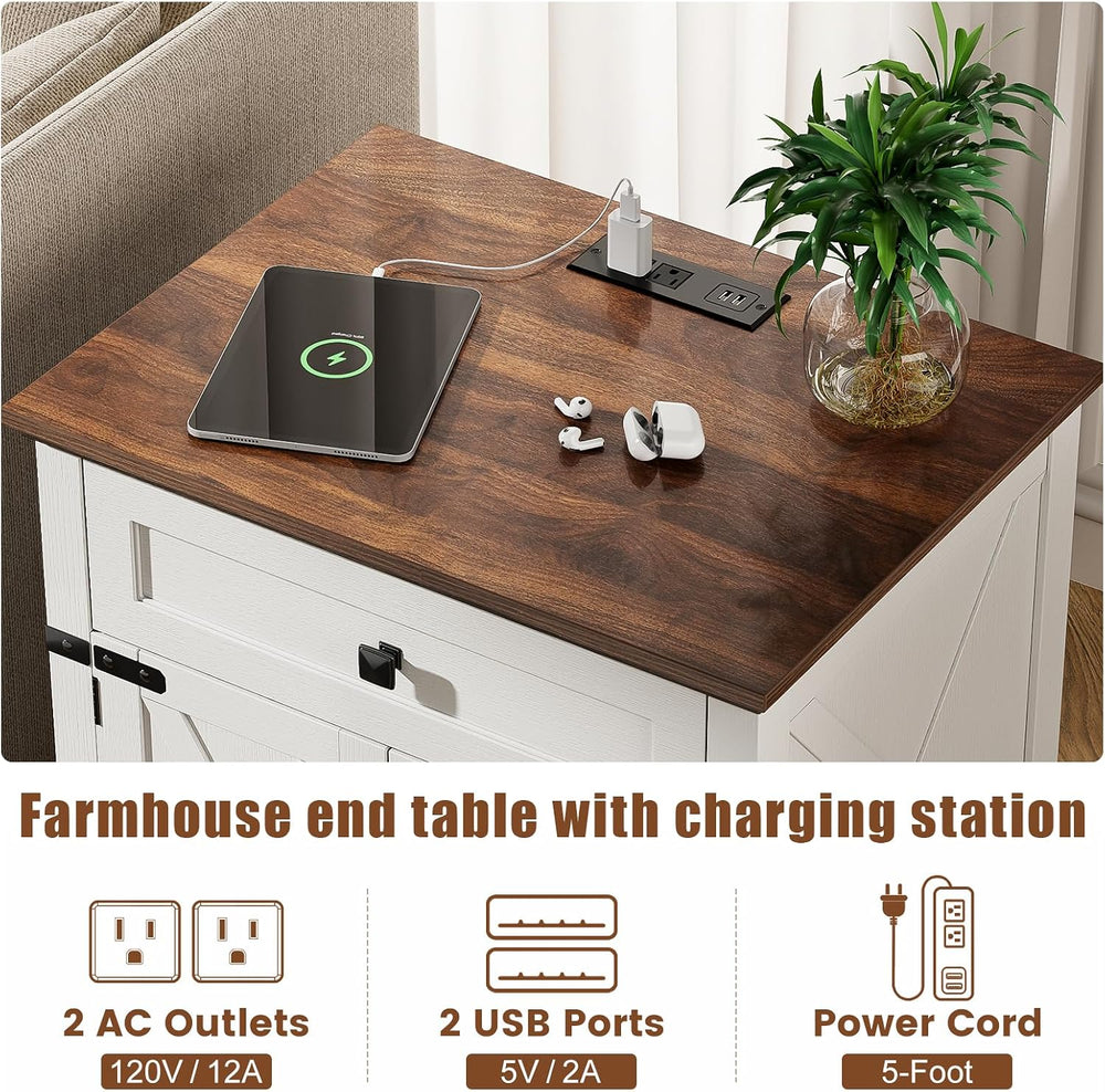 Farmhouse End Table with Charging Station, 24inch White Nightstand with Door ...