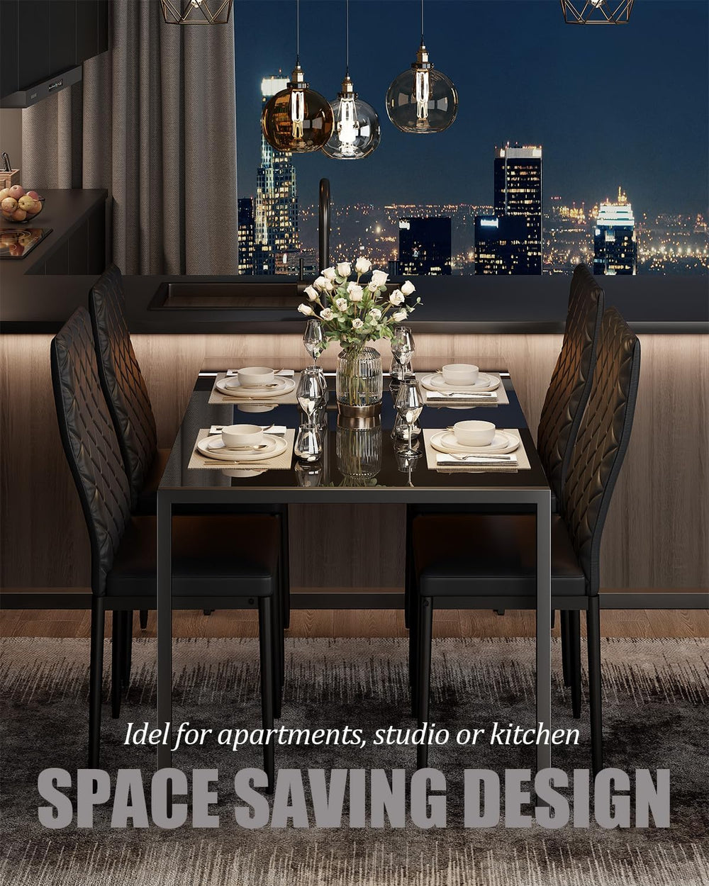 Dining Table Set for 4, Kitchen Table and Chairs Set of 4, 5 Piece Modern Din...