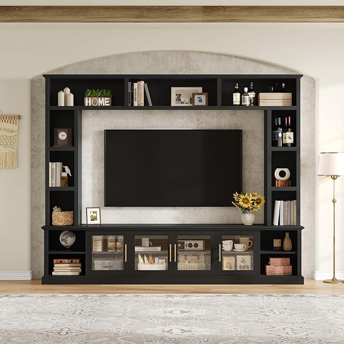 Merax 95" Entertainment Center for TVs up to 80", All-in-One TV Stand with Bookshelves & Storage Cabinets & Tempered Glass Doors & Adjustable Shelves, Modern Living Room Wall Unit Media Console, Black