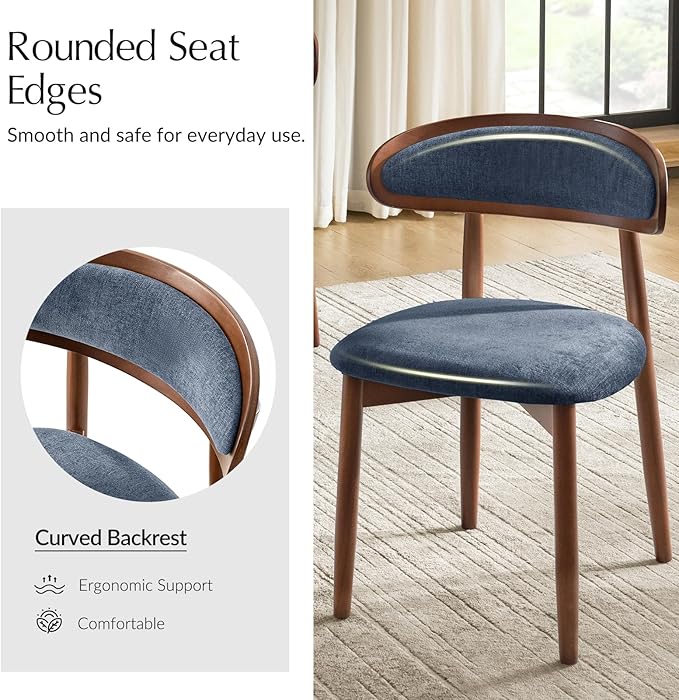 HULALA HOME Dining Chairs Set of 6 Mid-Century Modern Fabric Upholstered Dining Room Chairs Kitchen Side Chair with Open Curved Back, Walnut Rubber Wood Legs, Dinner Chairs for Living Room, Admiral
