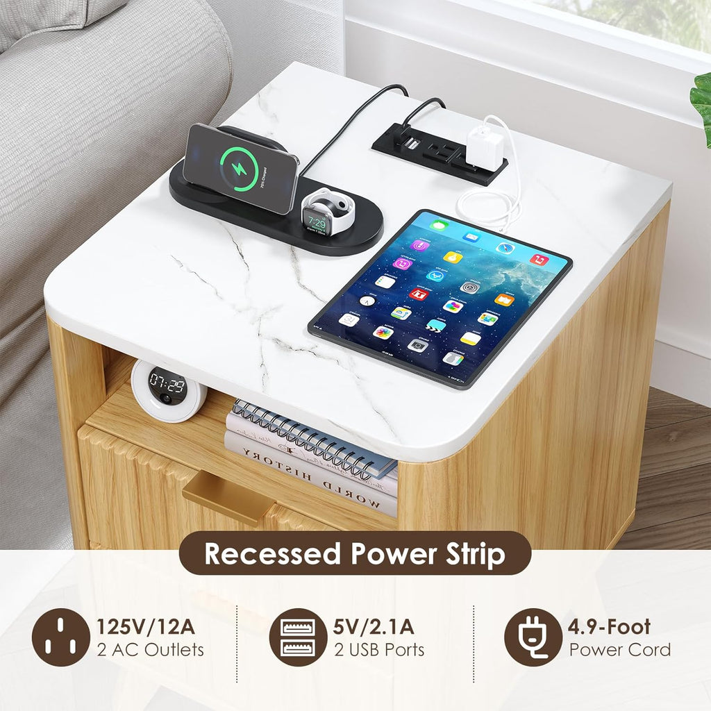 Nightstand with Charging Station, Fluted Nightstand with LED Lights, Modern Rustic Side Table with 2 Storage Drawers, Wooden End Table for Bedroom, Natural Oak 2pcs