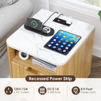 Nightstand with Charging Station, Fluted Nightstand with LED Lights, Modern Rustic Side Table with 2 Storage Drawers, Wooden End Table for Bedroom, Natural Oak 2pcs