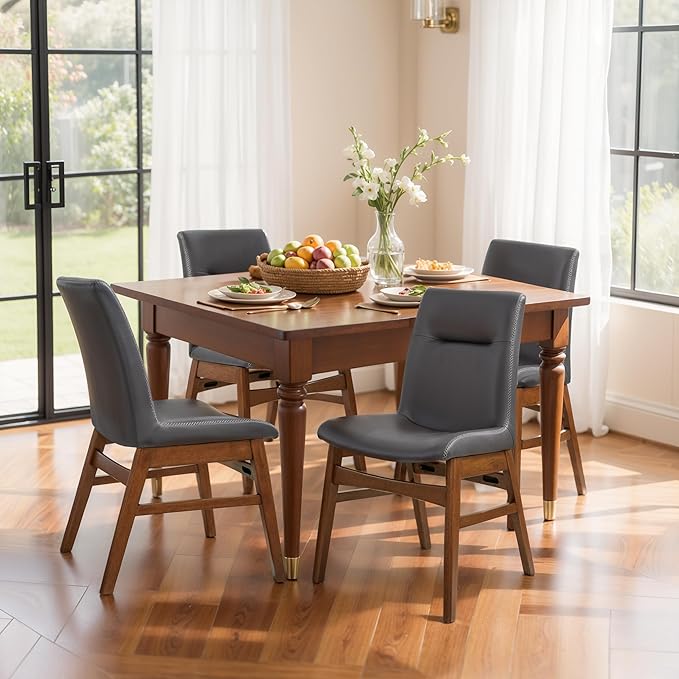 SyMax Dining Chairs Set of 2, Faux Leather Dining Room Chairs with Stitched Edge Trim, Modern High-End Kitchen Side Chairs for Bedroom, Living Room, Ash Gray