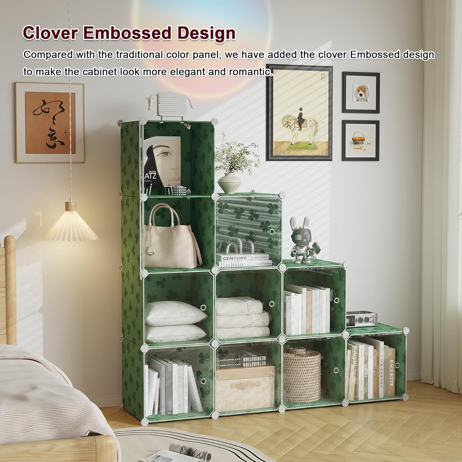 C&AHOME Cube Storage Organizer with Doors, 10-Cube Shelves, DIY Plastic Modular Bookshelf, Closet Clothes Storage Shelving Ideal for Bedroom, Living Room, Clover Embossed, Green