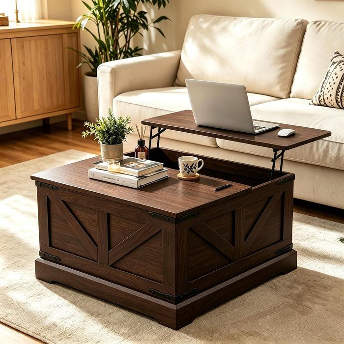 KIGOTY 31.5" Wood Square Coffee Tables for Living Room, Lift Top Coffee Table with Storage, Center Table with Large Hidden Storage Space, Living Room Tables, Farmhouse Coffee Table, Brown