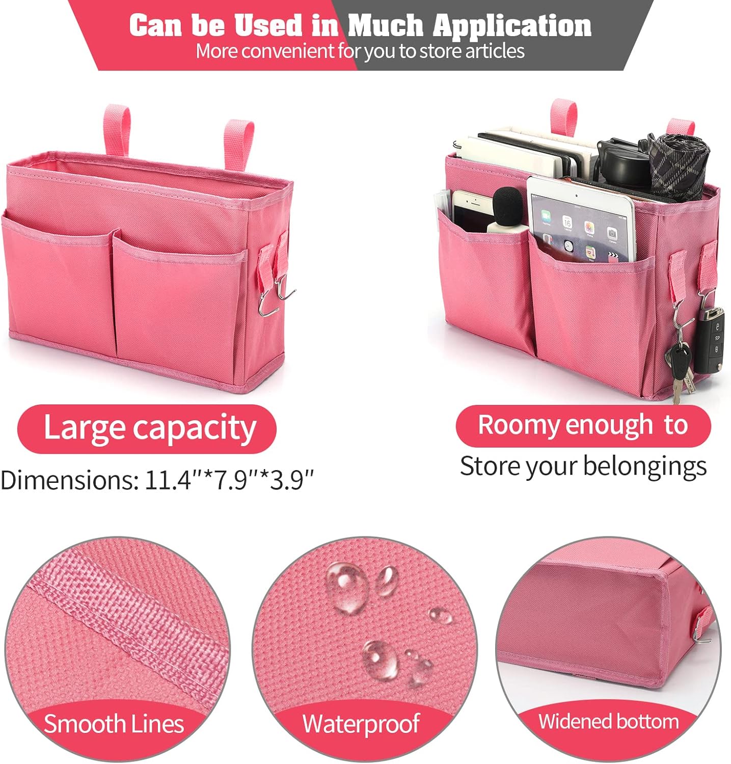Bseash Bunk Bed Organizer, Bedside Caddy Hanging Bed Organizer Storage Bag with 4 Pockets and 2 Hooks, for College Dorm Rooms Bed, Hospital Bed, Baby Bed Rails, 600D Oxford Cloth (Pink)