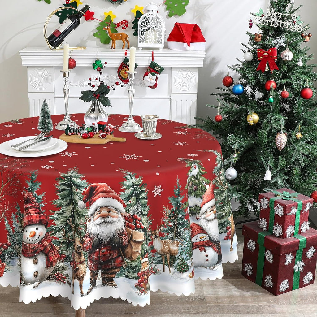 Round Christmas Tablecloth 70 inches - Santa Christmas Decor | Water Resistant Santa and Snowman Table Cloth - Holiday Xmas Decorations for Table, Party
