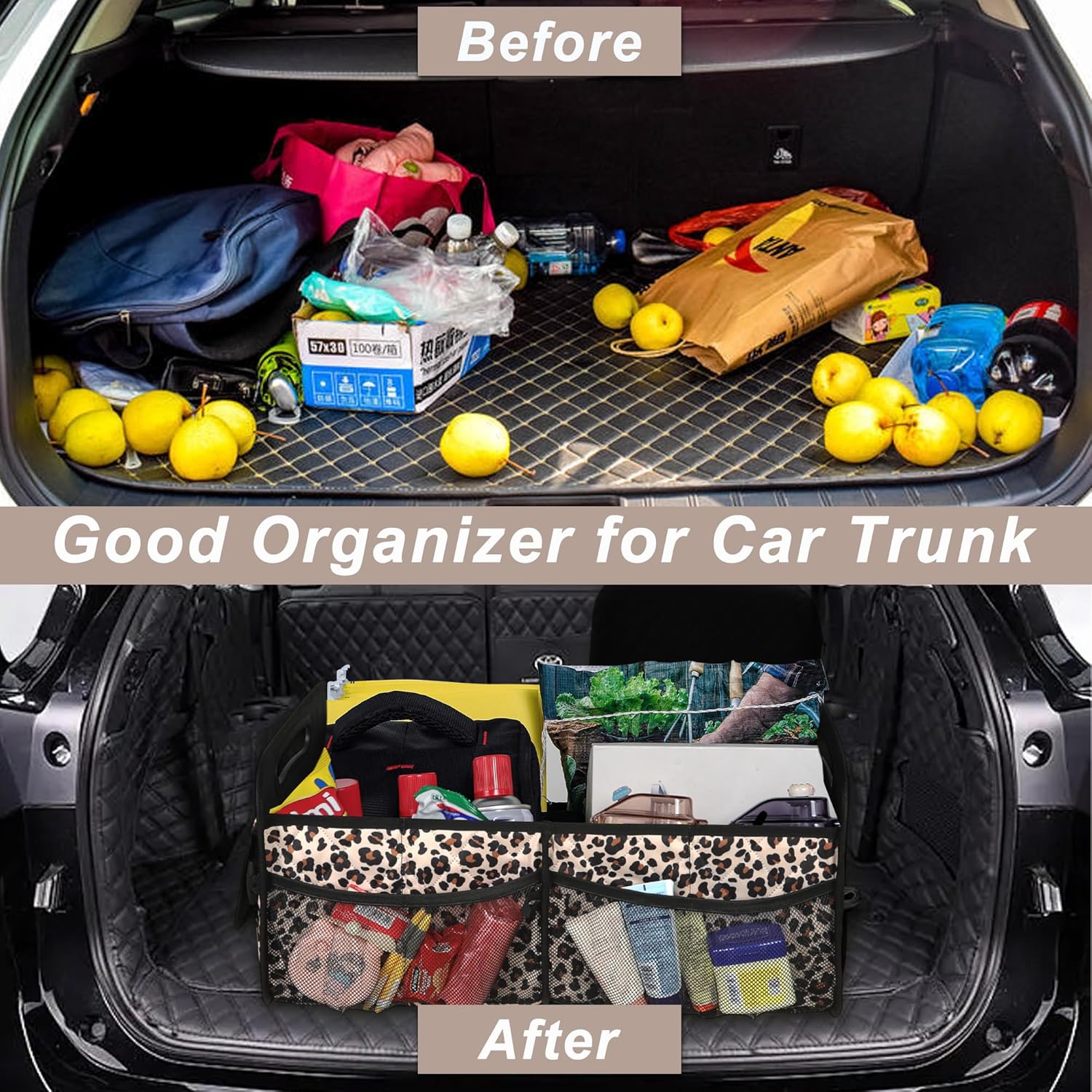 Deosk Trunk Organizer for SUV, Car Organizers and Storage with 6 Pocket, Car Accessories for Women/Men - Large, Leopard Print