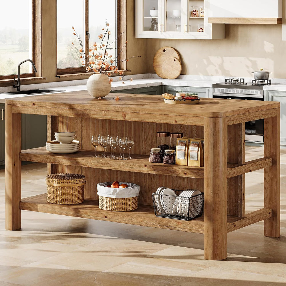 63" Solid Wood Kitchen Island with Storage Shelves, Easy Assembly | Farm...