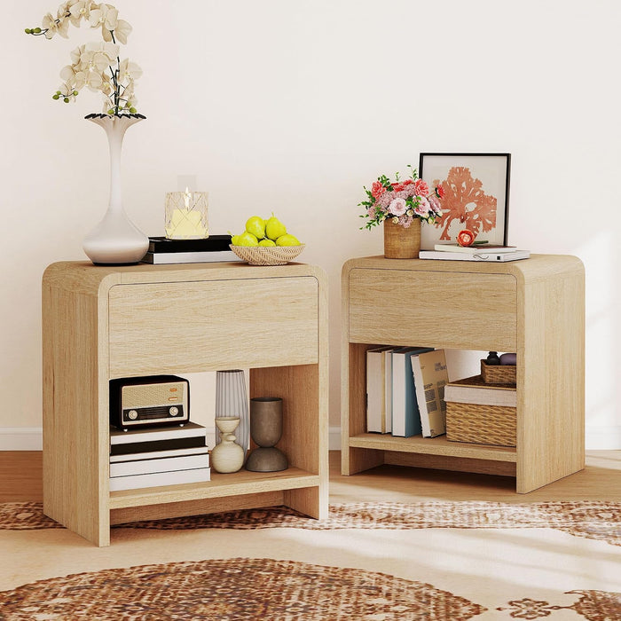 MERLIFE Modern Night Stand Set 2 with Storage Drawer & Open Shelves, Oak | Natural Wood Finish,Curved Top Corners,Smooth Metal Slides,Easy Assembly 30mins,for Bedroom Living Room Sofa Office