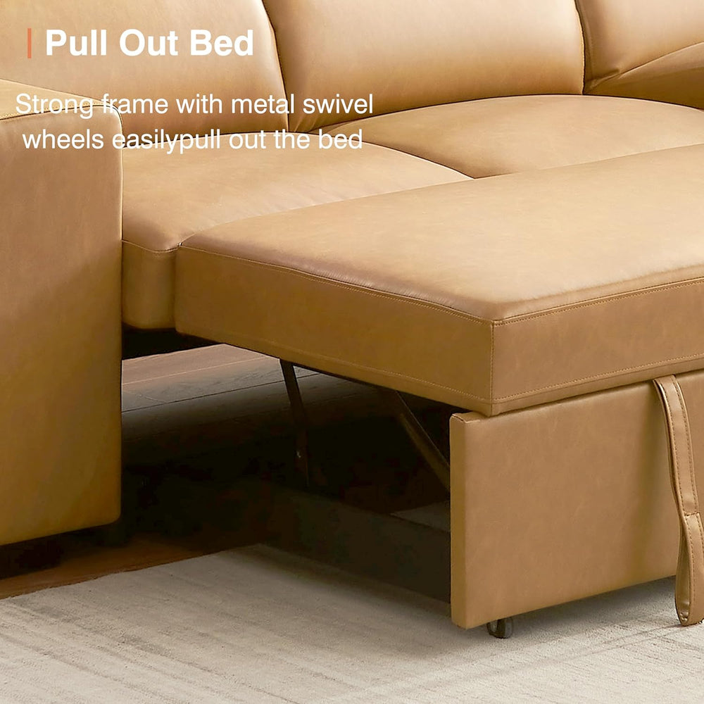 THSUPER 102'' Leather L Shaped Sectional Sleeper Sofa with Pull Out B...