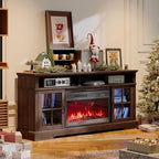 58" Farmhouse TV Stand with 23" Fireplace for TVs up to 80", Media Entertainment Center with Adjustable Shelves and Large Storage Cabinets, for Living Room, Brown & Black