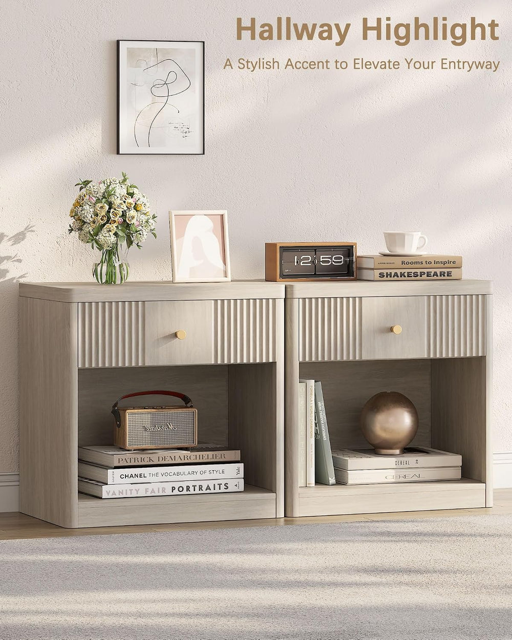 Memobarco Night Stand Set of 2, Fluted Nightstands with Drawer, White Alder |...