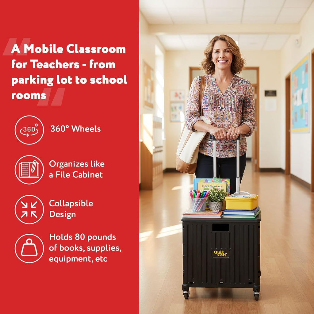 dbest products Quik Cart 360 Rolling Crate with Wheels - Collapsible Utility Cart for Teachers & Home - Heavy Duty Folding Cart with Seat - 80 lb Capacity - Black