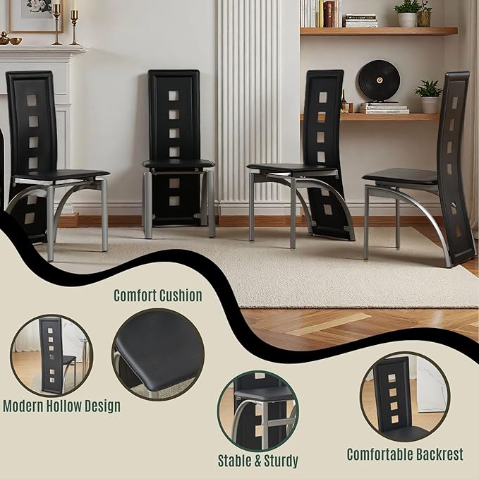 Karl home Modern Hollow Dining Chair Set of 4, Black Dining Chairs with PVC Backrest & Leather Cushion, Dining Chair for Kitchen & Dining Room, 300lbs Weight Capacity