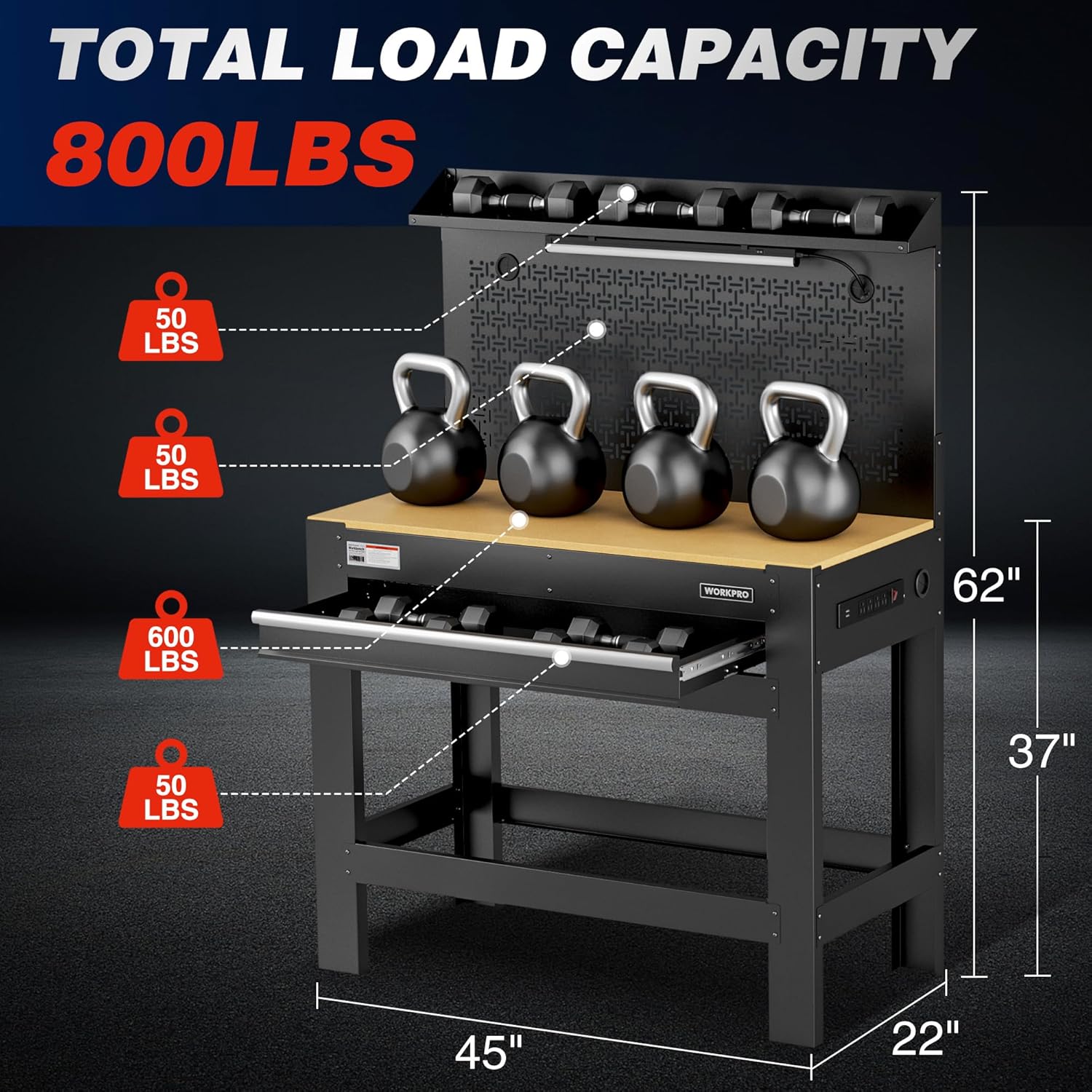 WORKPRO 45" Garage Workbench with Storage, Heavy-Duty Workbench with Pegboard, Power Outlets and Light, 800 LBS Work Bench for Garage, Warehouse, Workshop