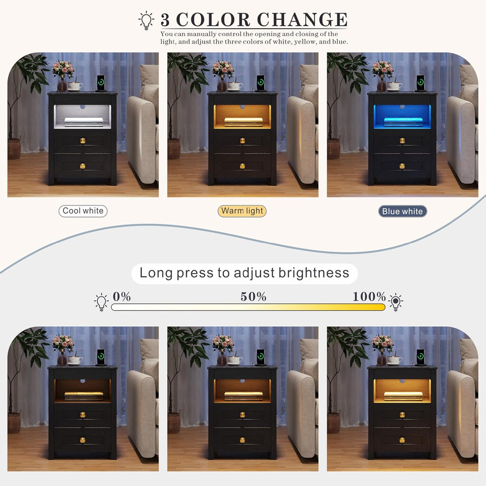Farmhouse LED Nightstand Set 2 with Gun Drawer&Invisible Lock,Modern Beds...