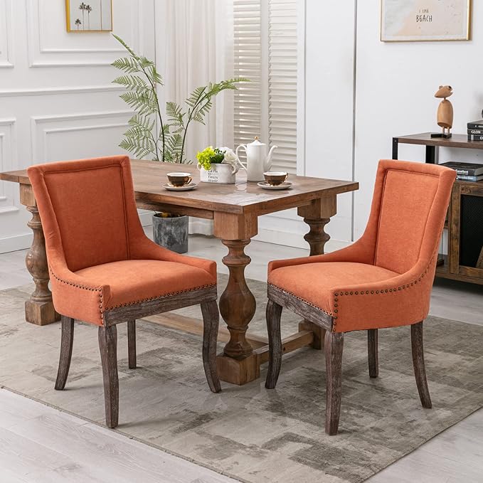 Modern Dining Chairs Set of 2, High Back Dining Chairs Side Chairs with Solid Wood Legs, Upholstered Fabric Dining Room Chairs for Dining Room Kitchen, Orange