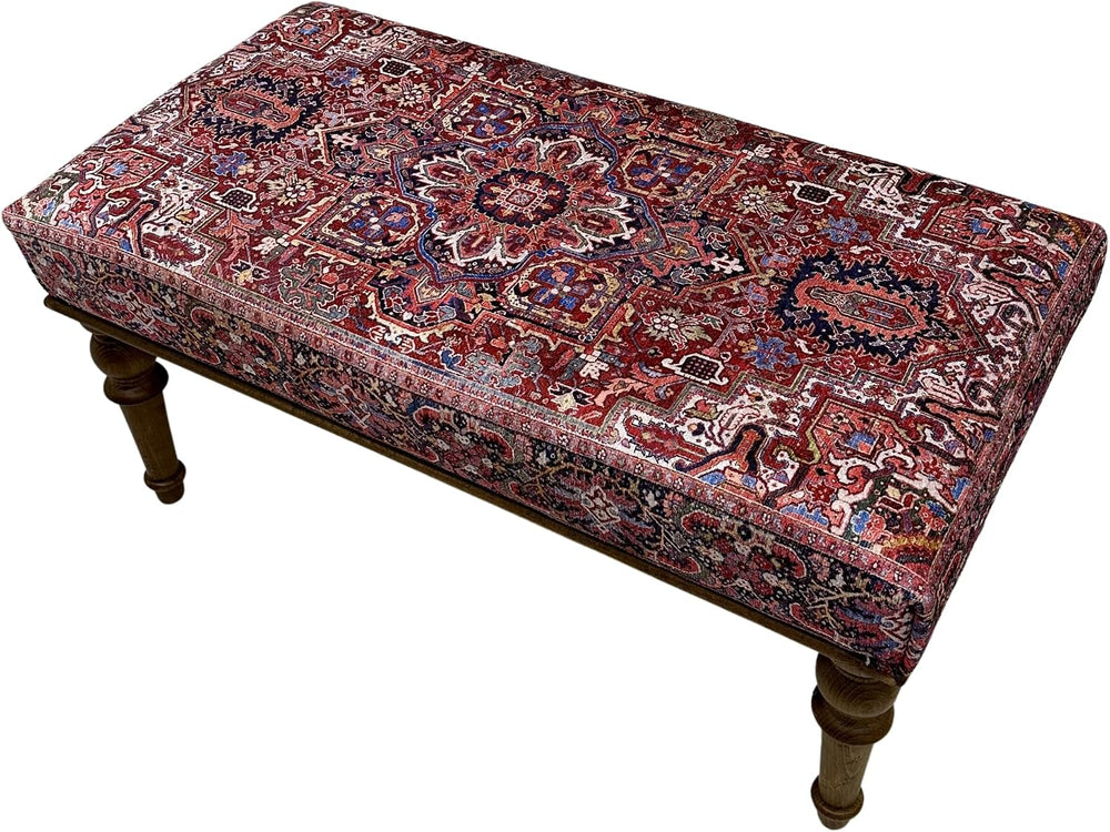 Boho Red Heriz Rug Upholstered Ottoman Bench, Piano Bench, Decorative Farmhou...