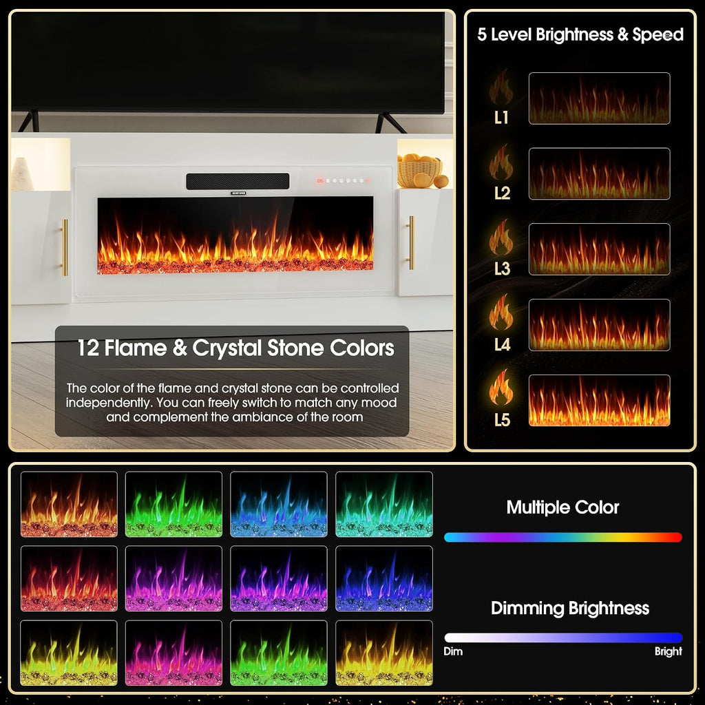 AHB Fireplace TV Stand 70", Fits TVs up to 80", LED Lights, Storage | 36" Electric Fireplace with Realistic Flame Multiple Color Modes Spacious Storage Cabinet with Handles White/White