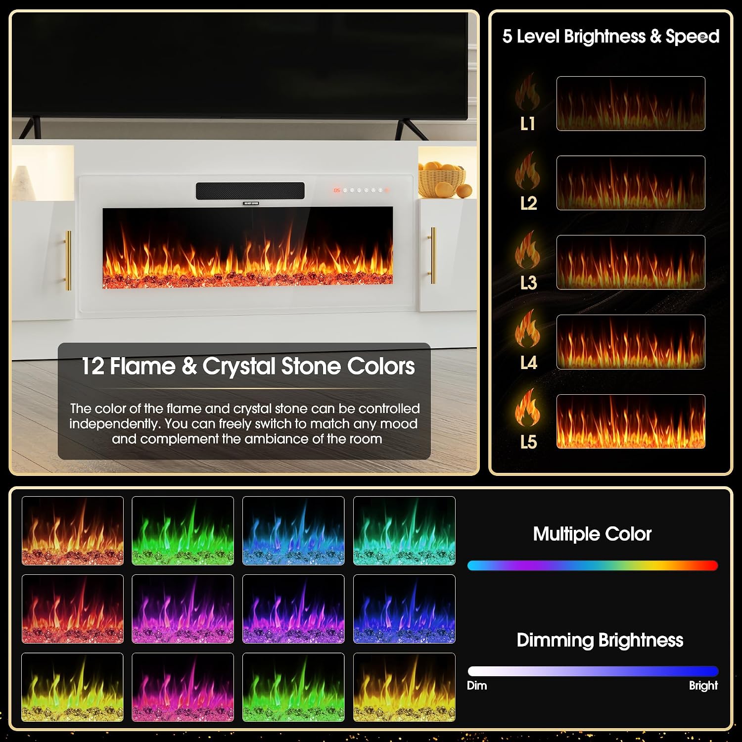 AHB Fireplace TV Stand 70", Fits TVs up to 80", LED Lights, Storage | 36" Electric Fireplace with Realistic Flame Multiple Color Modes Spacious Storage Cabinet with Handles White/White