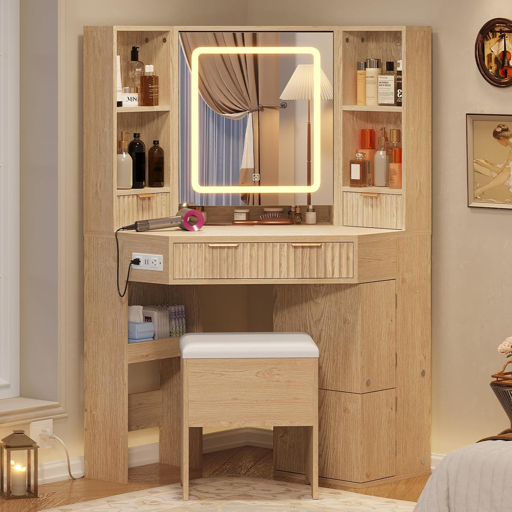 BTHFST Corner Vanity Desk with Lights and Charging Station, Makeup Vanity wit...