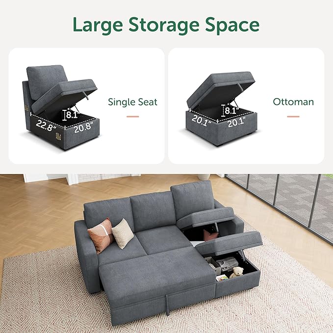 HONBAY Modular Sectional Sleeper Sofa with Pull Out Bed, L Shaped Sofa with Storage, Modular Sectional Couches for Living Room, Bluish Grey