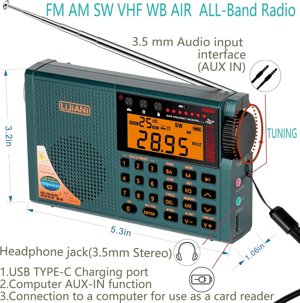 Shortwave Radio with Bluetooth, TF Card, Flashlight, Backlit Keys, Digital Re...