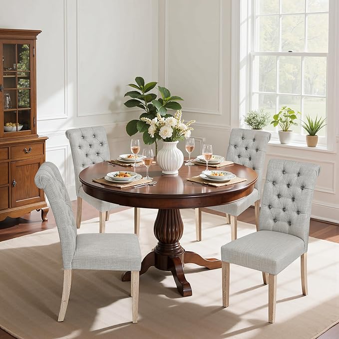 CHUN YI Dining Chairs Set of 4, Button Tufted Upholstered Fabric Dining Room Chairs with Solid Wood Legs and Curved Back, Parsons Side Chairs for Kitchen, Light Grey