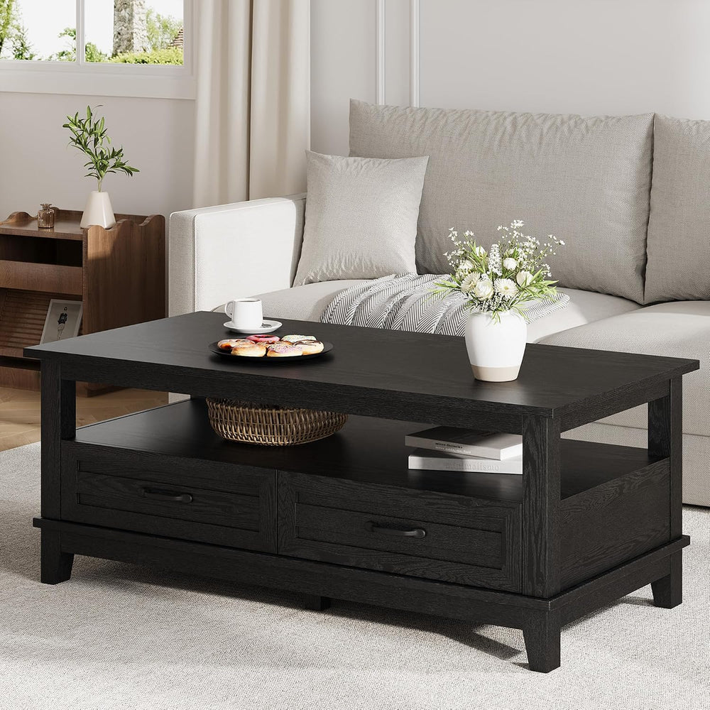 IDEALHOUSE Black Coffee Table with Drawers, 47.2” Rustic Center Table with Op...