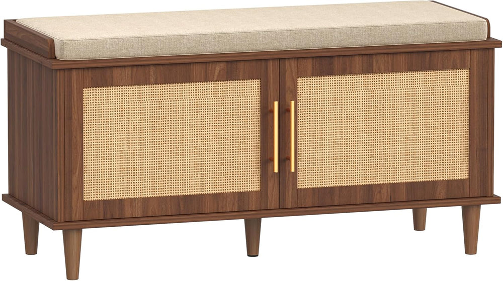 Akxomel Rattan Shoe Storage Bench with Cushion, 2-Tier Entryway Bench with Ad...