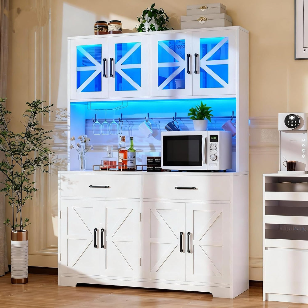 MUUEGM 71''Tall Kitchen Hutch with LED Lights & Power Outlet, Woo...
