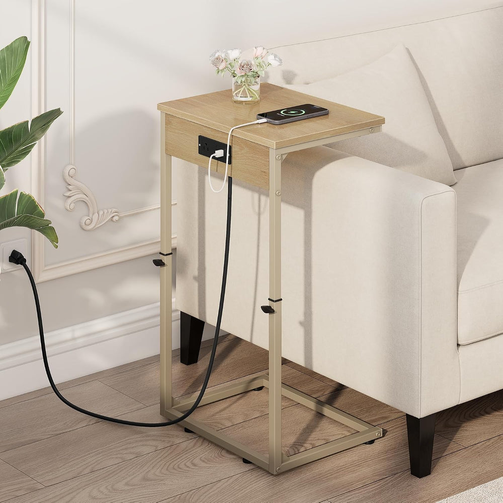 Vagusicc C Shaped End Table with Charging Station, Adjustable Height Side Tab...