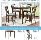 KEIKI 5-Piece Counter Height Dining Table Set with Square Table and 4 Upholstered X-Shaped Backrset Chair, for 4 Person, Modern Style Wooden Table Set, Easy Assembly, for Kitchen, Dining Room, Walnut
