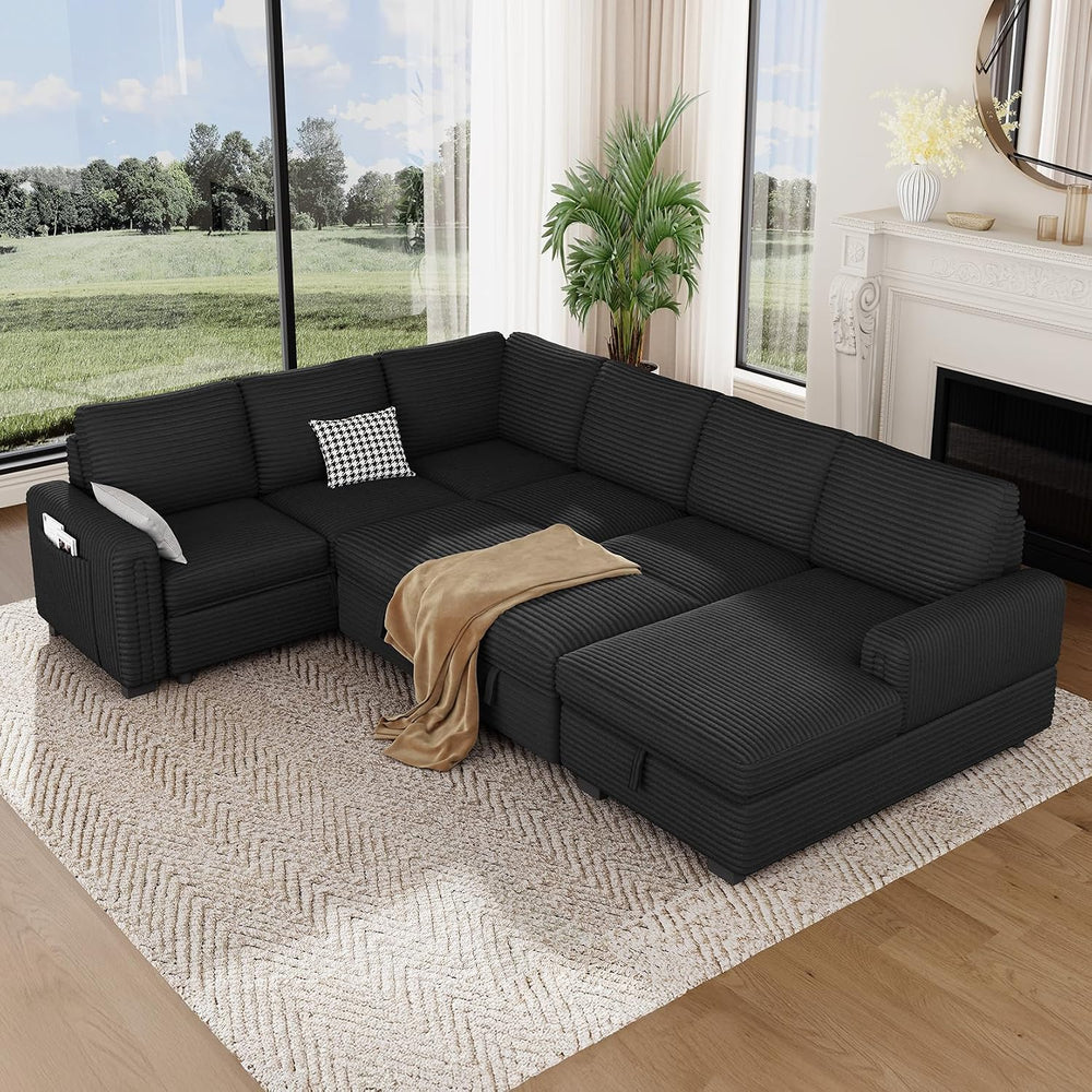 Vesgantti 113.6" Modular Sectional Sofa with Pull Out Bed, 7 Seater, Black