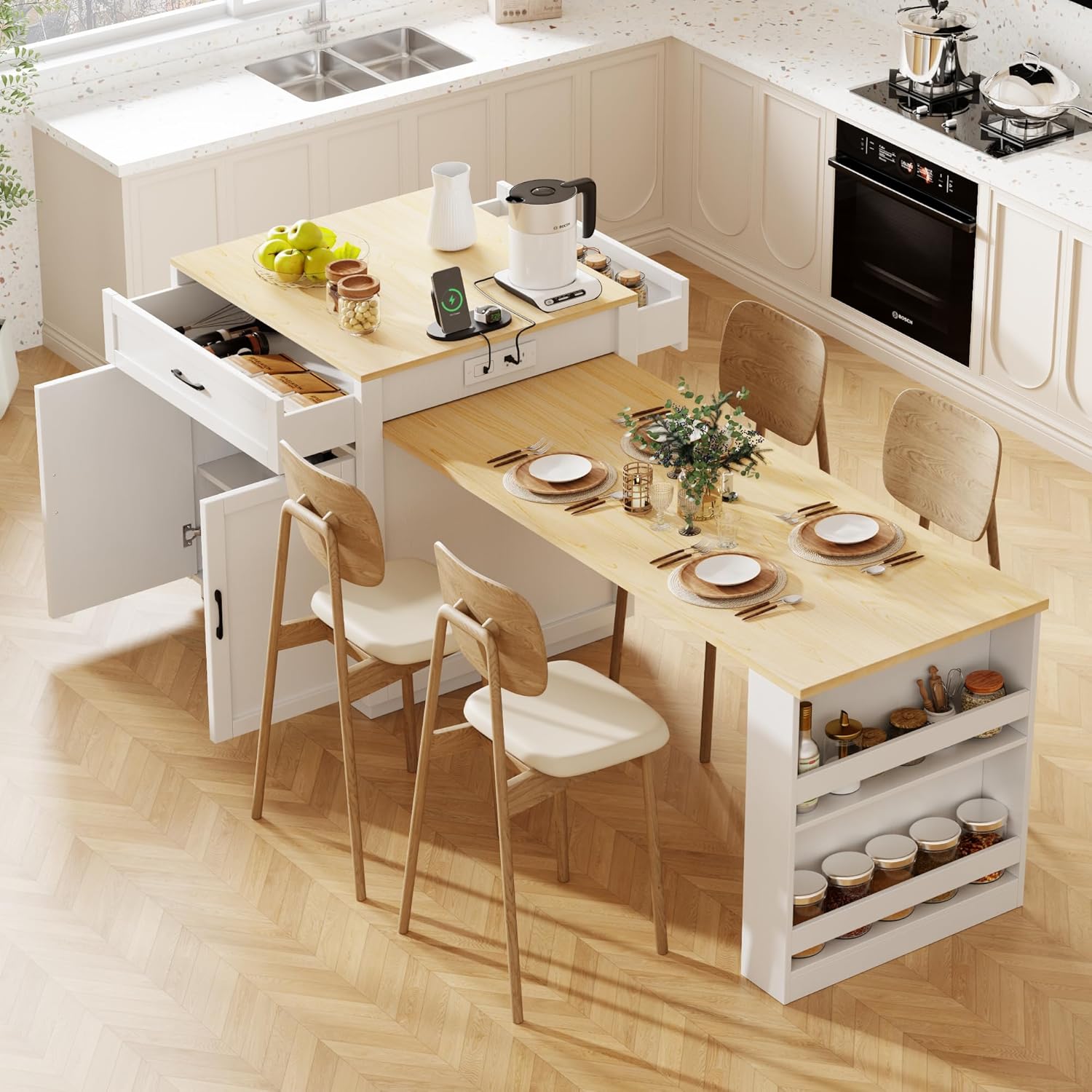 82.7" Kitchen Island with Extendable Dining Table, Faux Mable Table with Double-Sized Storage, Power Outlet, 2 Drawers, 2 Side Open Shelves for 4-6 Kitchen, Dining Room, White