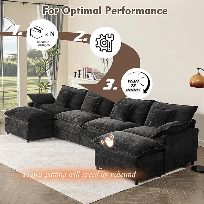 142.5" U Shaped Couch, Modular Sectional Sofa, 3-Seater Comfy Cloud Couch, Set of Modular Pieces with Movable Ottoman, Deep Seat Couches for Living Room, Chenille, Black