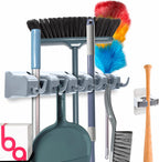 Combo 5 Slot Broom Holder w/ 1 Self Adhesive Mop Gripper No-Drilling, Wall Mount Tool Organizers For Kitchen, Garage, Laundry Room- Anti-Slip Hanger For Brooms, Mops, Rakes, Dustpans (Grey / White)