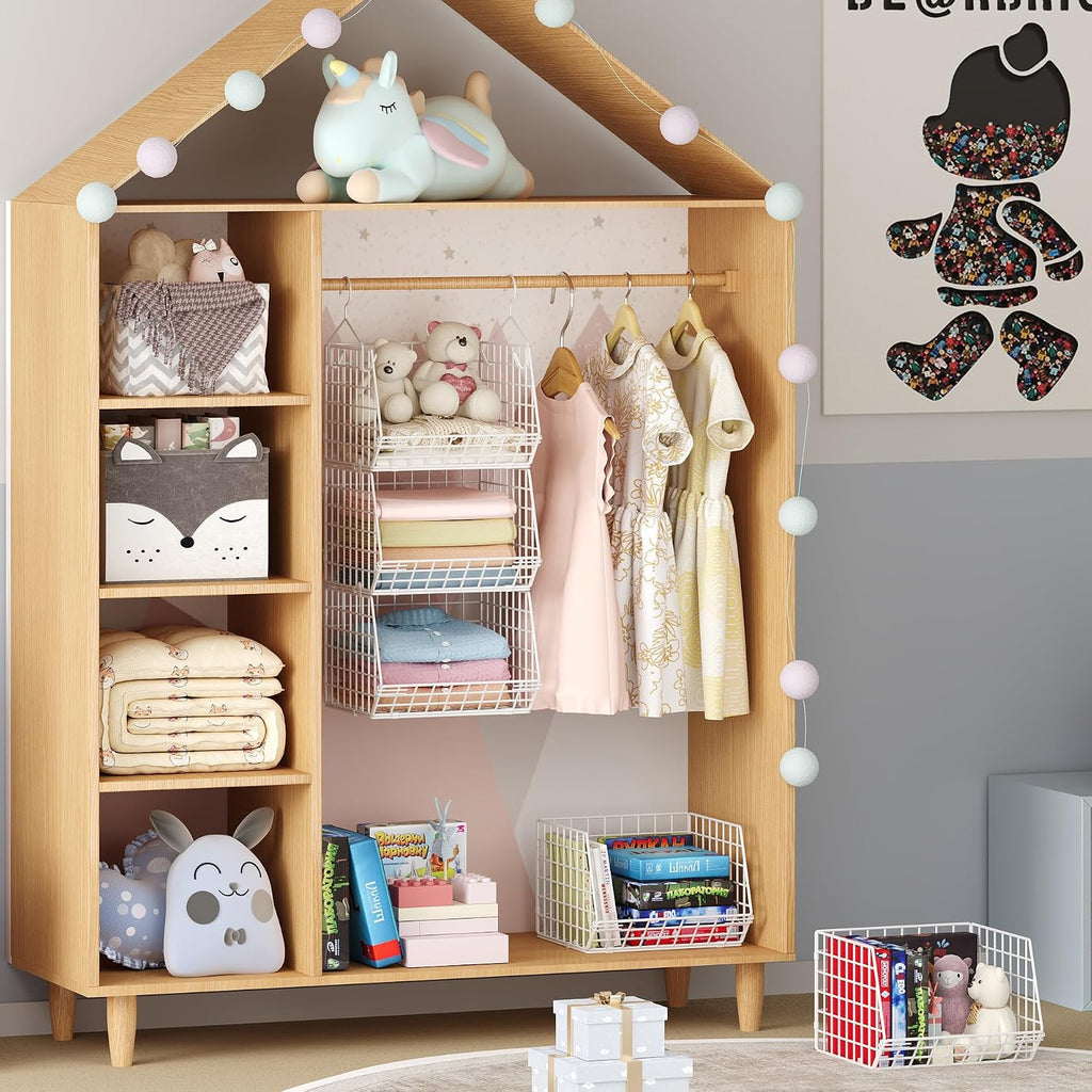 4 Tier Closet Hanging Organizer Foldable Dorm Closet Organizer White | Freestanding Closet Organizers and Storage with 5 S Hooks, wire closet shelving for Wardrobe Laundry Room Patent (11.8" D)