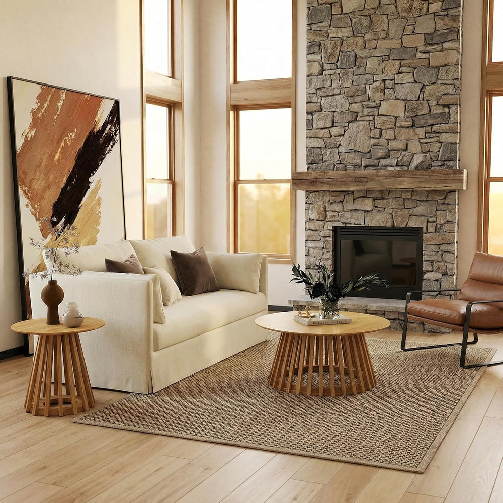 DUOMAY Modern Solid Round Side Table with Geometric Base, Natural Wood Accent...