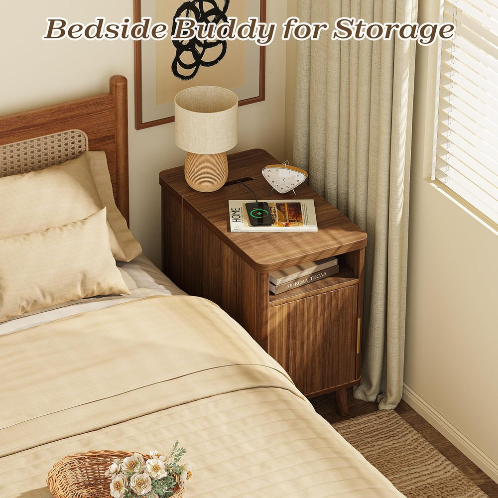 Huuger Narrow End Table with Charging Station, USB-C Port, Fluted Nightstand ...