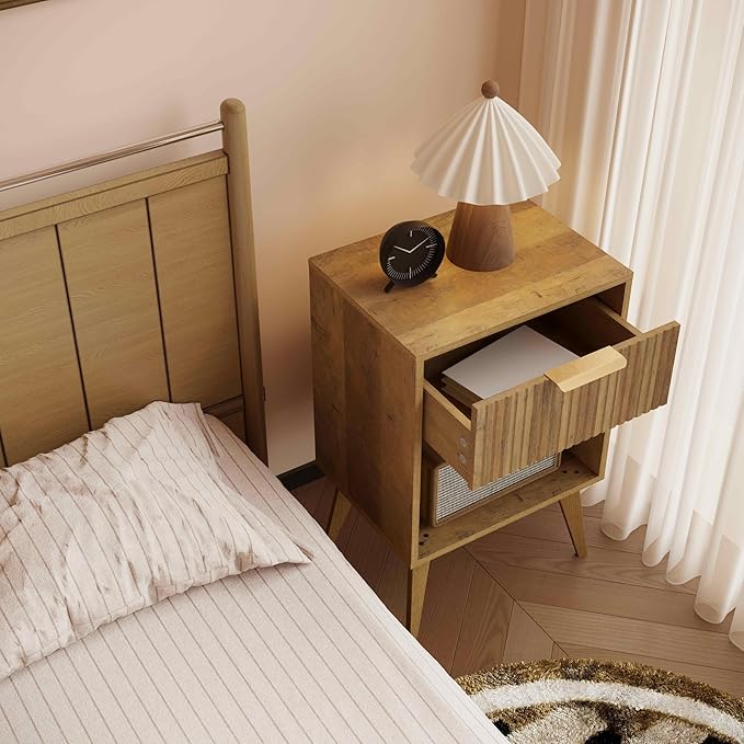 Fluted Night Stand with Opening Storage,Mid Century Bedside Table with Drawer...