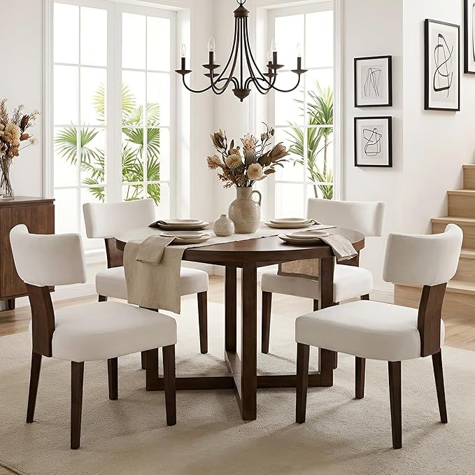 HNY Set of 6 Mid Century Modern Dining Chairs, Farmhouse Velvet Upholstered Accent Chair Curved Backrest Kitchen Chairs, with Hardwood Frame, Cream, Velvet-beige, 6PC