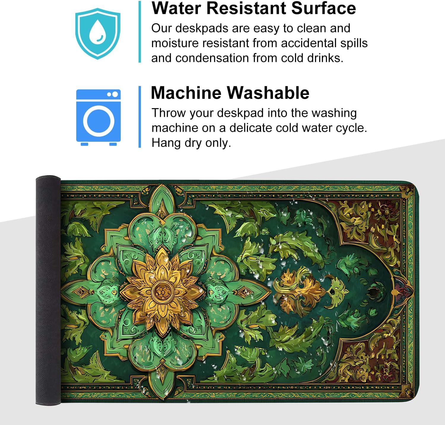 Green Vintage Floral Mouse Pad – Large Extended Desk Mat 35.43 x 15.75 in – Ornate Oriental Carpet Design with Gold & Emerald Motif, Waterproof Surface,Keyboard & Mouse Pad for Office & Home