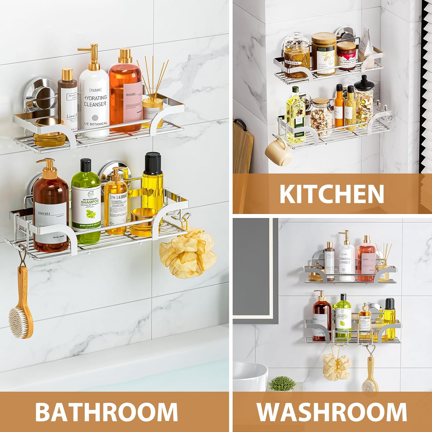 LEVERLOC Shower Caddy Suction Cup 2 Pack, Shower Shelf for Inside, Large Capacity Bathroom Organizers and Storage, Rustproof & Waterproof Metal Bath Basket, No-Drilling, Heavy Duty, Silver