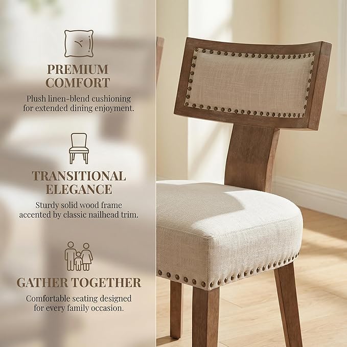 HNY Mid Century Modern Dining Chairs Set of 6, Farmhouse Linen Fabric Upholstered Accent Chairs Curved Nailhead Trim Backrest Kitchen Chairs, with Hardwood Frame, Beige
