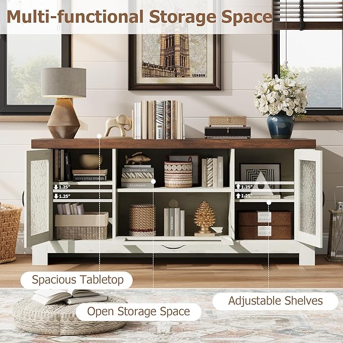 Garvee Farmhouse TV Stand for 55 Inch TV, Entertainment Center with Acrylic Door & Adjustable Shelves, Sideboard Buffet Storage Cabinet for Living Room Bedroom, White & Brown